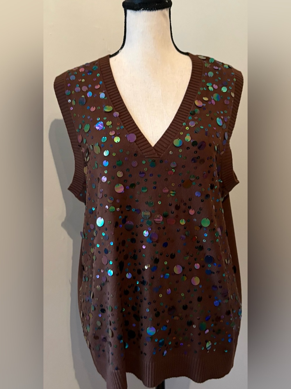 Lane Bryant multi-colored paillette sequin sweater vest Brown Size 14/16 - Picture 2 of 6